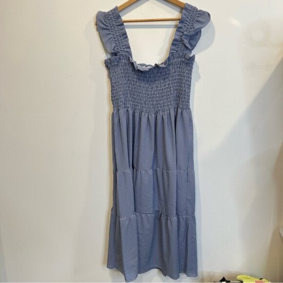London Times Ruffled Sleeveless Smocked Midi Dress Gingham Blue - Picture 10 of 11